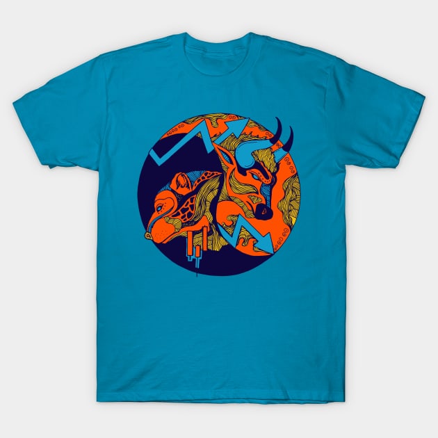 Orange Blue Bull and Bear T-Shirt by kenallouis